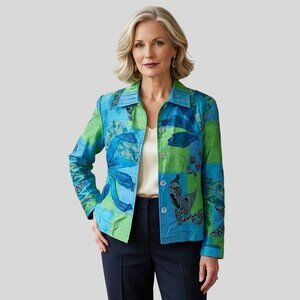 VTG Sandy Starkman 100% Silk Button Jacket XL Green Blue Floral Applique Artsy